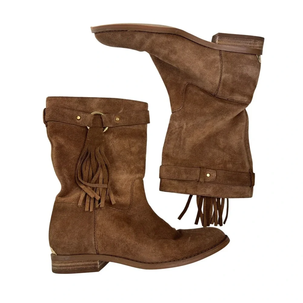 Michael Kors Rhea Boots Brown Suede Slouchy 8.5M Fringe Tassel Mid-Calf Low Heel